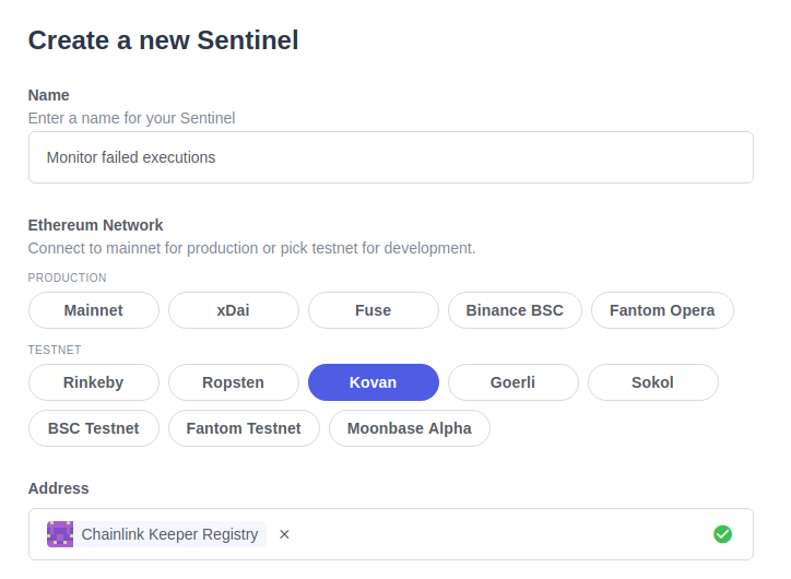 Create new Sentinel on the Chainlink Keeper Registry