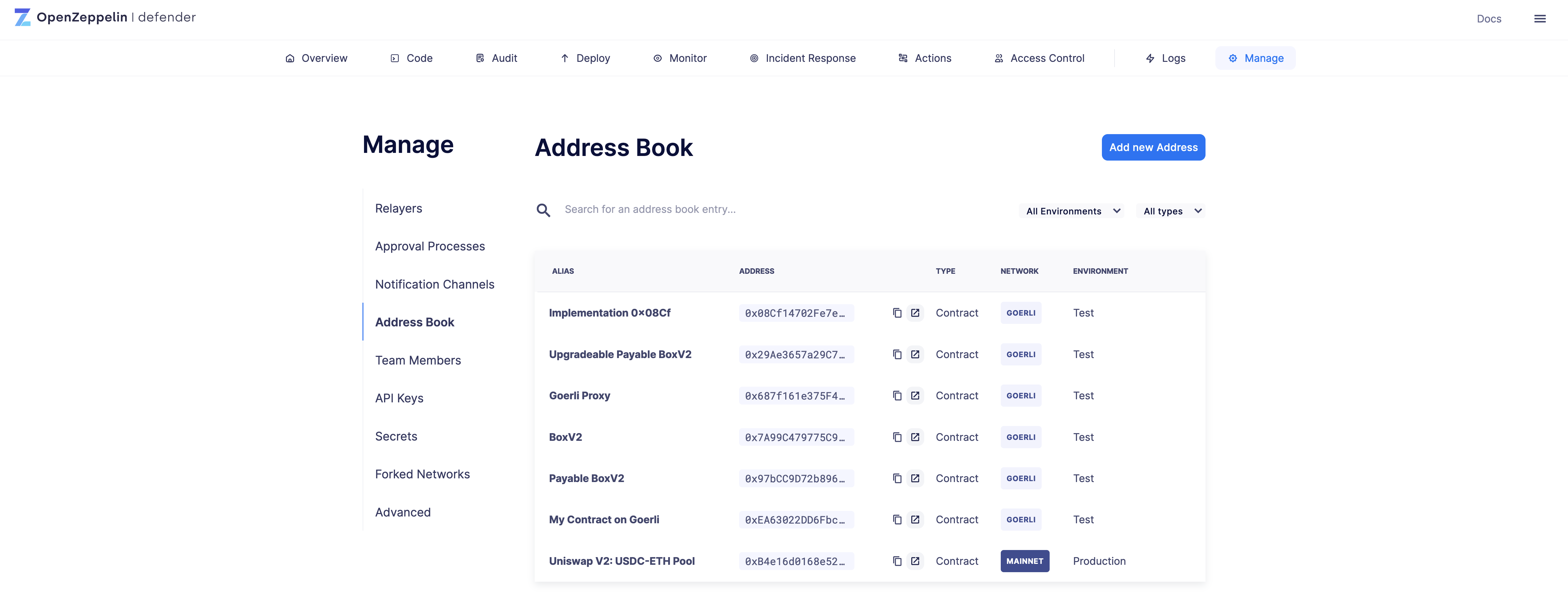 Address Book - located under the Manage section used to manage contracts