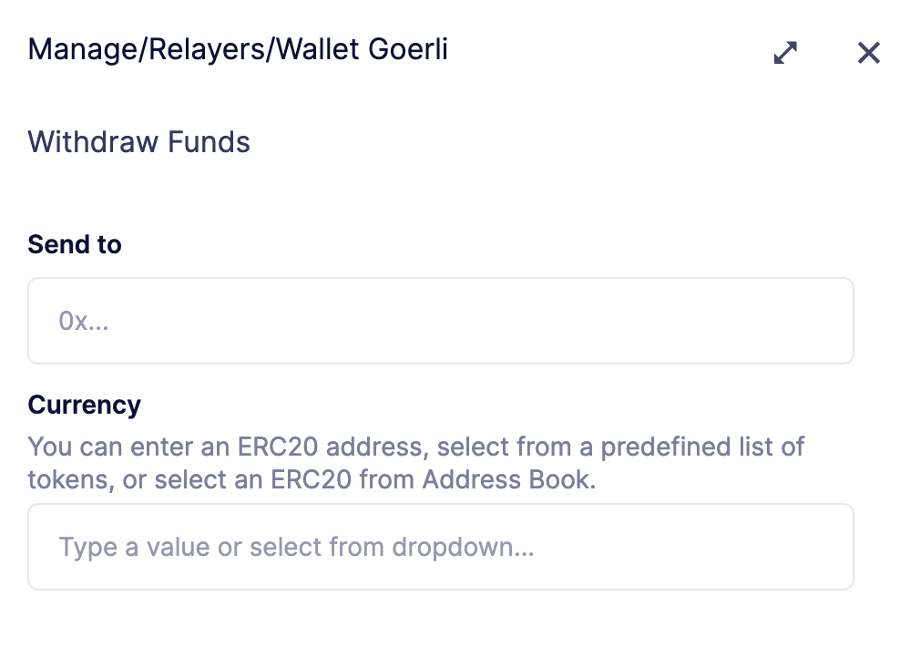 Relayer Withdraw Funds Screen
